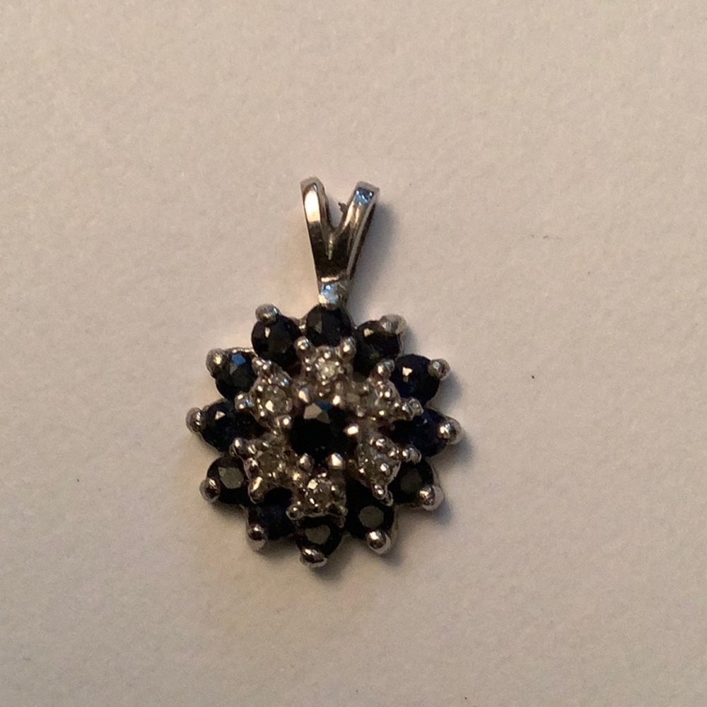 Silvertone, Blue Sapphires & Diamonds Flower Pendant